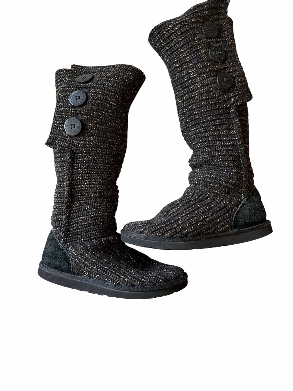UGG Knit Cardy Button-Accent Tall Winter Boots - Black/ Gold Size 7